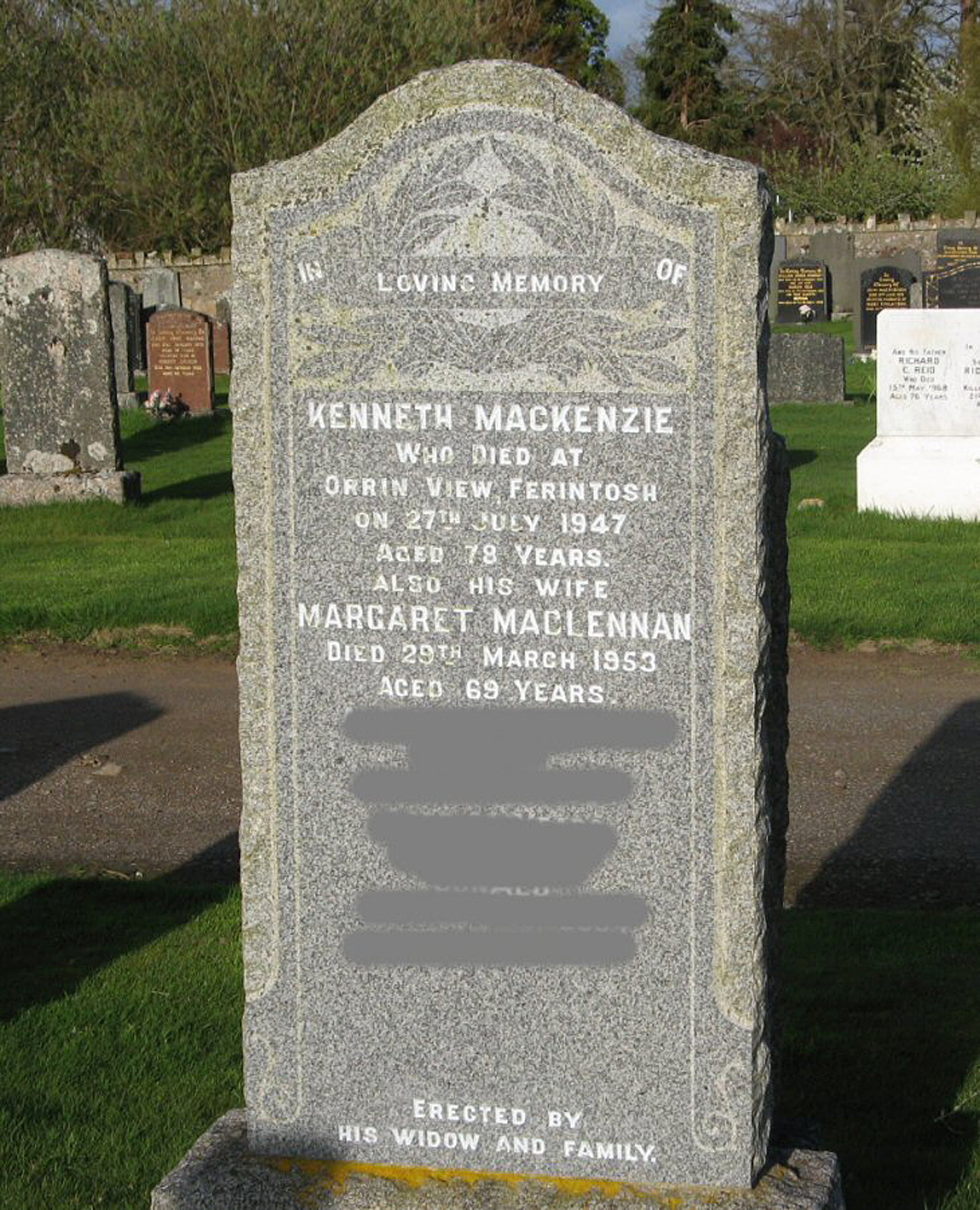 Photo of headstones/Margaret MacLennan died 1953 MI Fodderty